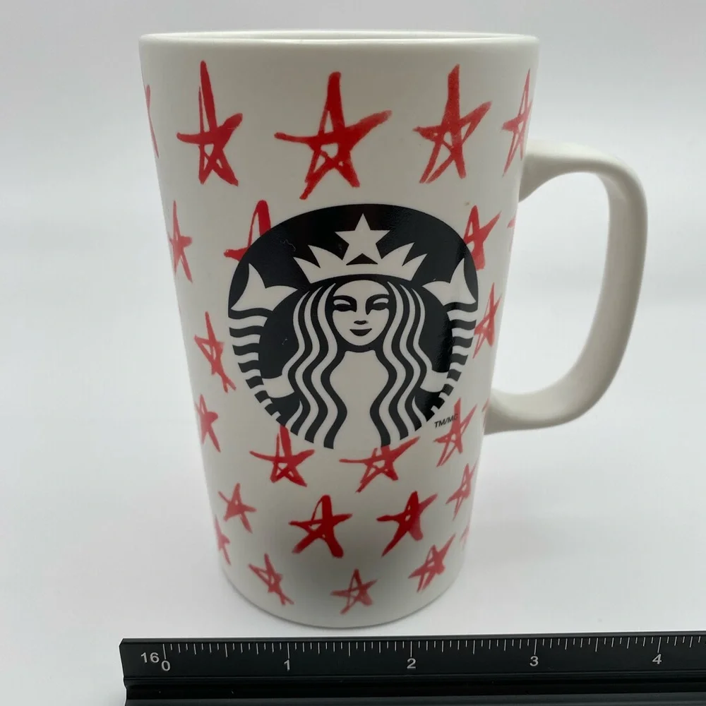 Starbucks 2014 Red Stars Ceramic Coffee Mug 16oz Grande Tall White Hand Drawn